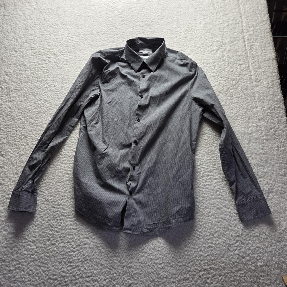 Calvin Klein Dress Shirt Mens M Gray Herringbone Slim Fit Long Sleeve Woven - Picture 2 of 9